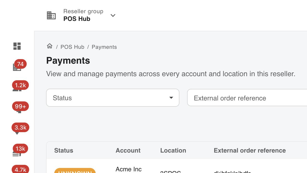 Payments list showing filters, statuses, accounts, locations and references