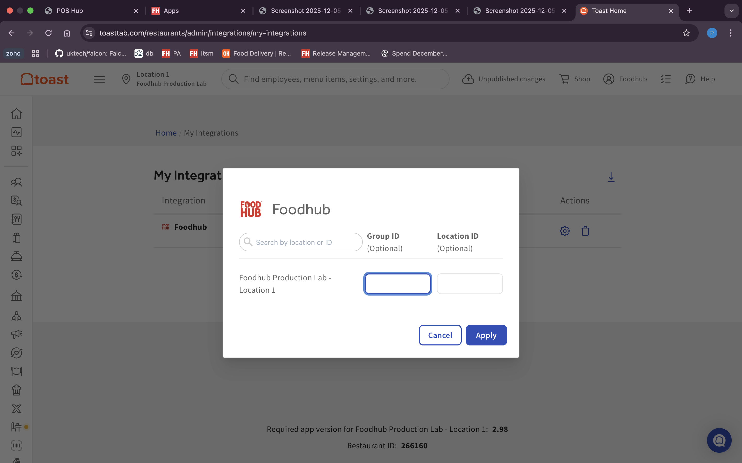 Enable POS Hub Integration in Toast screenshot