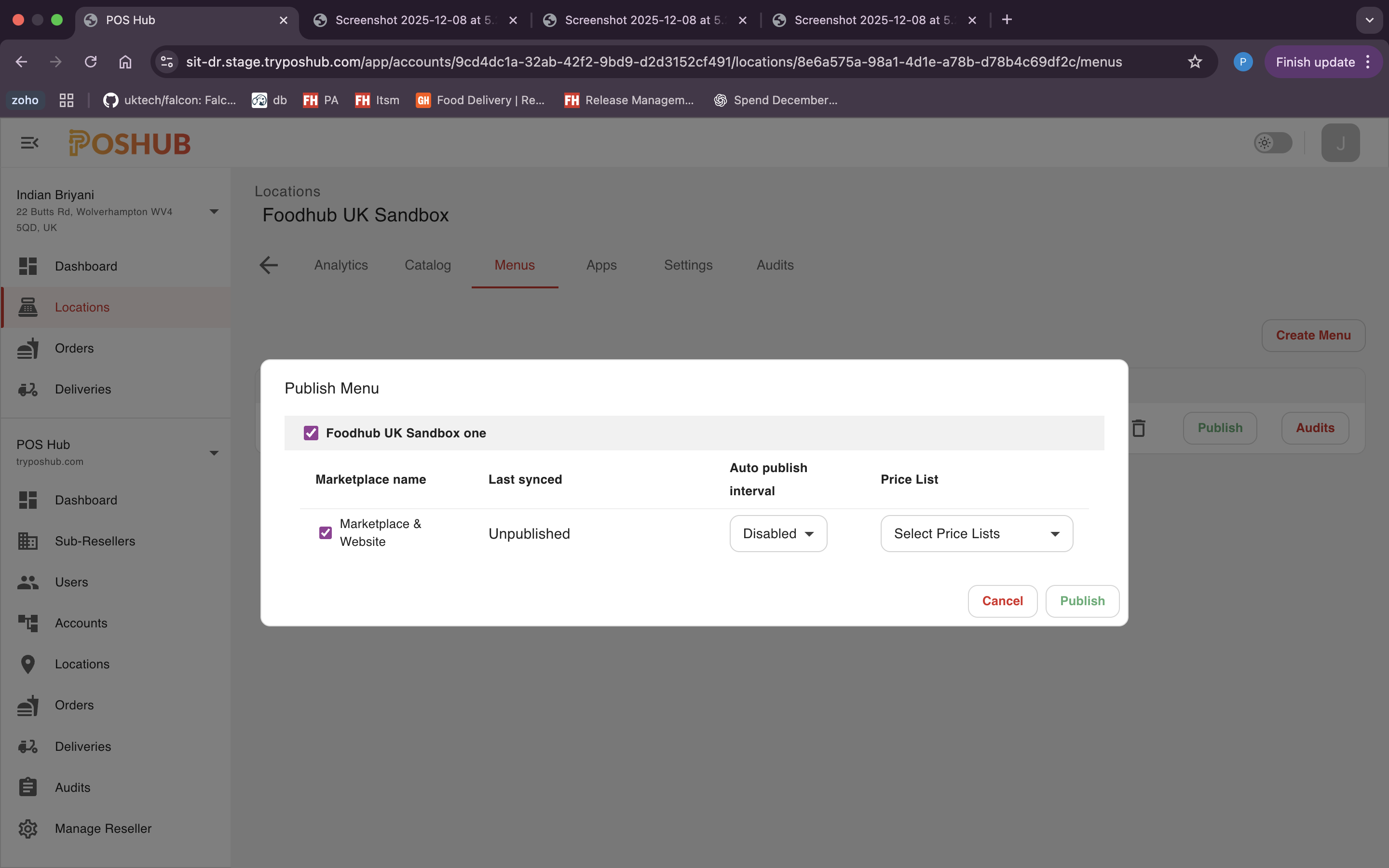 Publish Menu to Marketplaces screenshot